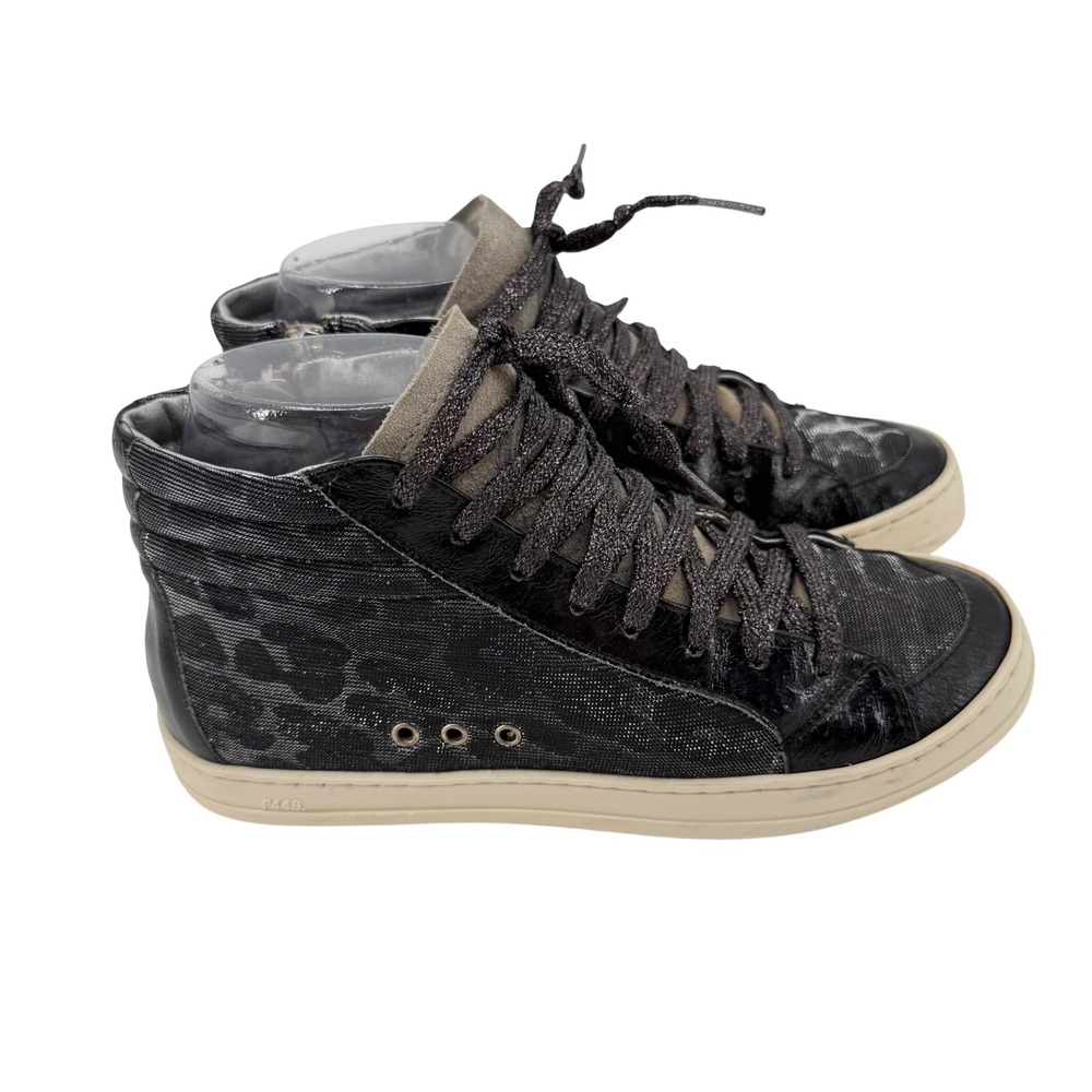 P448 Skate High Top Sneakers Women 37 Black Metallic Leopard Print Made in Italy